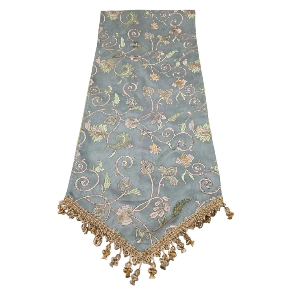Canaan Company Sage Green Faux Suede Embroidered Floral Beaded Tassel Table Run